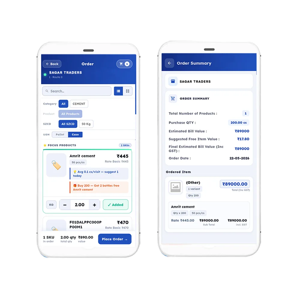Order management — digital order booking with SKU catalogue and scheme application