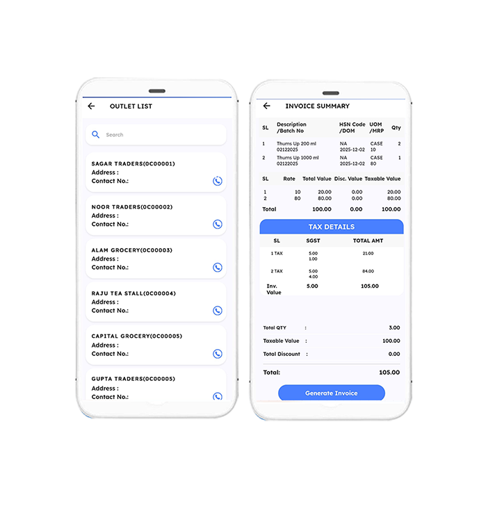 Order management — digital order booking with SKU catalogue and scheme application